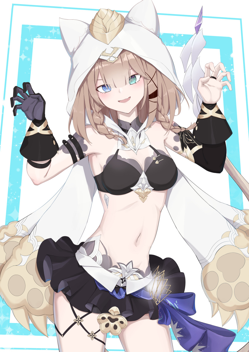 1girl absurdres bare_shoulders black_gloves caisena character_request claw_pose gloves hands_up highres honkai_(series) honkai_impact_3rd hood midriff navel revealing_clothes single_glove solo stomach