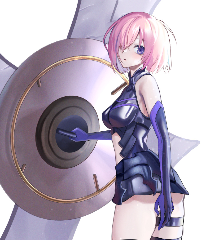 1girl armor armored_dress bare_shoulders black_dress breasts cowboy_shot dokudokku dress elbow_gloves eyebrows_visible_through_hair fate/grand_order fate_(series) gloves hair_over_one_eye highres mash_kyrielight pink_hair shield short_hair solo violet_eyes white_background