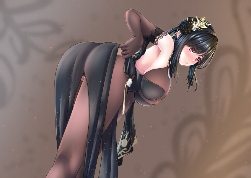 1girl ass azur_lane bent_over black_dress black_flower black_rose bodystocking breasts brown_gloves chen_hai_(azur_lane) chen_hai_(vestibule_of_wonders)_(azur_lane) china_dress chinese_clothes dress elbow_gloves flower from_behind gloves highres kaidou_nora- lace-trimmed_gloves lace_trim large_breasts leaning_forward long_hair looking_at_viewer official_alternate_costume pelvic_curtain rose solo standing taut_clothes taut_dress thighs violet_eyes