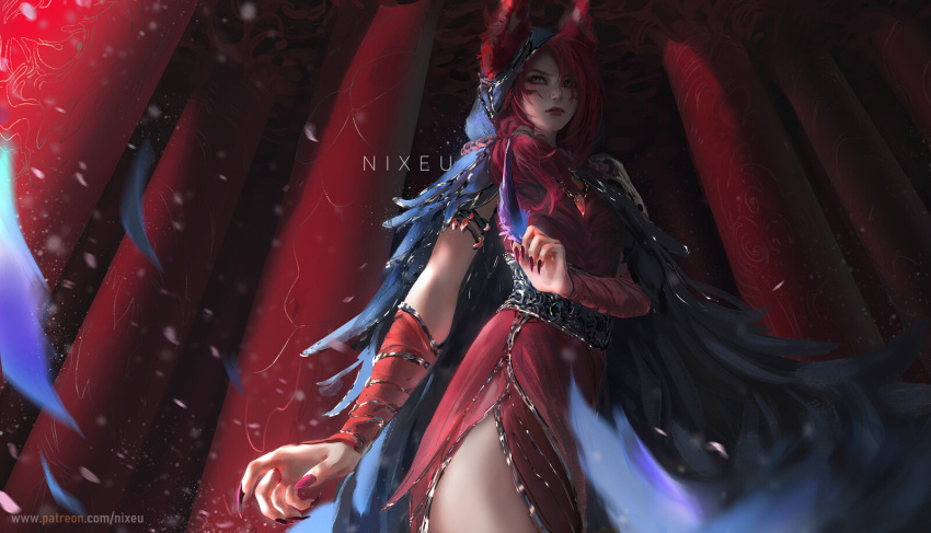 1girl animal_ears artist_name bangs cape claws closed_mouth cowboy_shot detached_sleeves dress ears_through_headwear facial_mark fantasy feathers forehead highres holding hood hood_up league_of_legends mixed-language_commentary nixeu parted_bangs patreon_username red_dress redhead solo standing xayah yellow_eyes