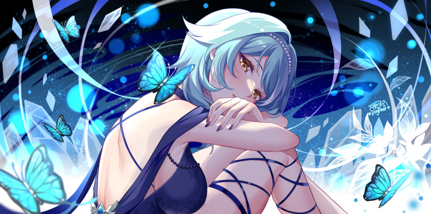 1girl alternate_costume bangs bare_back bare_shoulders blue_butterfly blue_choker blue_dress blue_hair breasts bug butterfly chinese_commentary choker commentary_request dress eula_(genshin_impact) genshin_impact gou_lianlian_dogface hair_intakes highres large_breasts looking_at_viewer nail_polish parted_lips purple_nails short_hair solo upper_body yellow_eyes