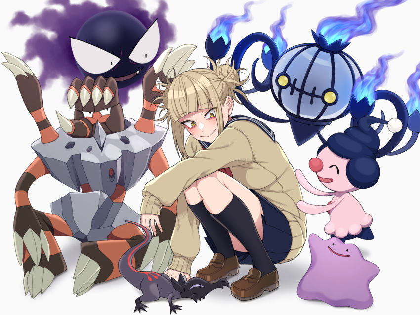 1girl blonde_hair boku_no_hero_academia character_request ditto double_bun eyebrows_visible_through_hair fang gastly highres kobaji long_sleeves pokemon pokemon_(creature) school_uniform serafuku short_hair sidelocks simple_background toga_himiko touching_another's_back white_background yellow_eyes