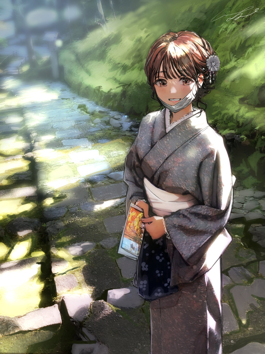 1girl absurdres brown_eyes brown_hair commentary_request flower hair_flower hair_ornament highres holding japanese_clothes looking_at_viewer mask mouth_mask original pamphlet path pomu smile straight-on sunlight teeth