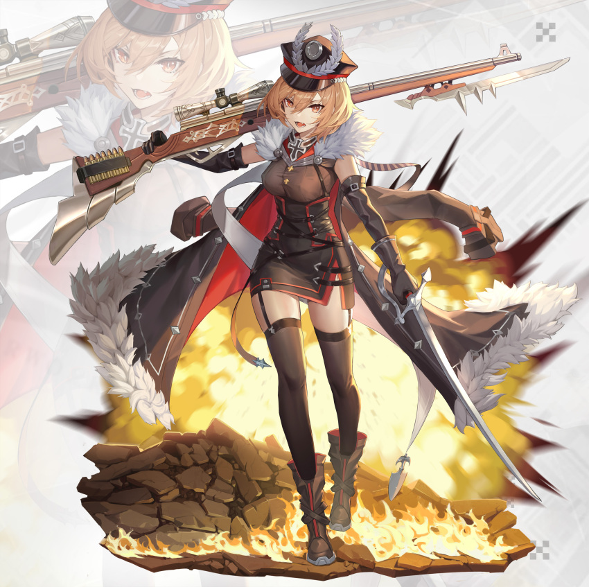 1girl absurdres bayonet black_legwear blonde_hair boots breasts brown_footwear brown_gloves brown_jacket brown_shirt brown_skirt chinese_commentary commentary_request cross elbow_gloves explosion fire full_body fur_trim garters gloves gun hat high-waist_skirt highres holding holding_gun holding_sword holding_weapon jacket jacket_removed karin_(masterwork_apocalypse) large_breasts looking_at_viewer lower_teeth masterwork_apocalypse medium_hair messikid military military_hat military_uniform multiple_straps official_art open_mouth orange_eyes peaked_cap rifle shirt skirt sniper_rifle solo sword teeth thigh-highs uniform upper_teeth weapon zoom_layer
