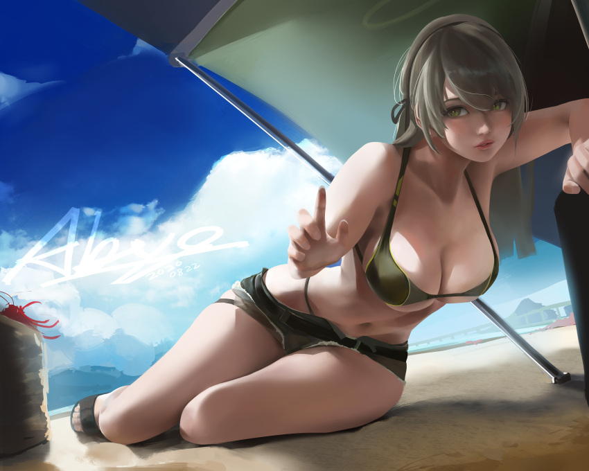 1girl absurdres abys alternate_costume bare_shoulders beach belt bikini black_belt breasts collarbone commentary_request dated day expressionless full_body girls_frontline green_bikini green_eyes green_shorts hair_between_eyes halo highres large_breasts lips long_hair looking_at_viewer lying ocean outdoors parted_lips shorts sideboob signature solo swimsuit ump40_(girls'_frontline) under_boob