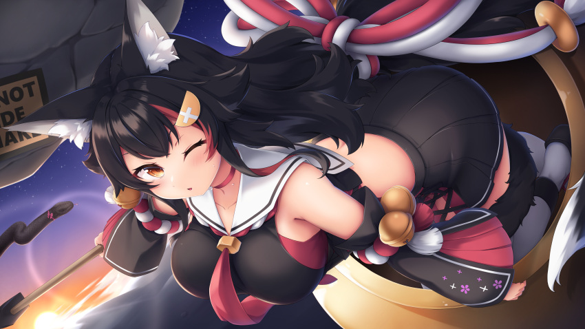 1girl absurdres animal_ear_fluff animal_ears back bangs bare_shoulders bell black_hair black_shirt black_skirt blush breasts collar cropped_shirt detached_sleeves flipped_hair getting_over_it hair_between_eyes hair_ornament hairclip highres hololive jingle_bell large_breasts long_hair looking_at_viewer midriff multicolored_hair necktie one_eye_closed ookami_mio open_mouth pleated_skirt red_necktie redhead sailor_collar sailor_shirt shirt side_slit sidelocks skirt sky solo star_(sky) starry_sky streaked_hair sweat tail tail_around_leg tail_wrap thigh-highs tousaki_(tousakiworks) very_long_hair virtual_youtuber wolf_ears wolf_girl wolf_tail yellow_eyes zettai_ryouiki