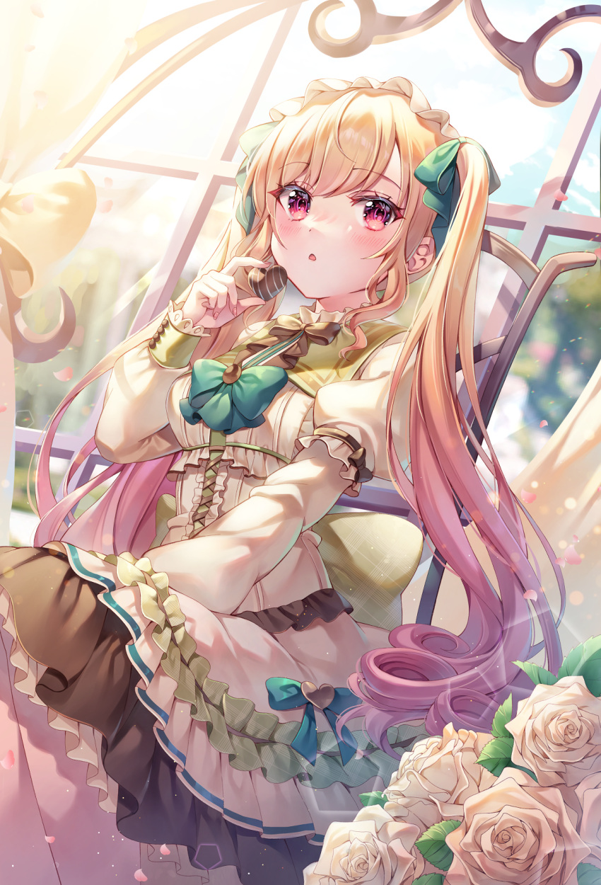 1girl bangs blonde_hair candy chocolate dress eyebrows_visible_through_hair flower food frilled_dress frills gin_(gin937) gradient_hair green_ribbon hand_up headdress heart heart-shaped_chocolate highres holding holding_chocolate holding_food long_hair looking_at_viewer multicolored_hair open_mouth pink_eyes pink_hair project_sekai ribbon rose solo tenma_saki twintails valentine