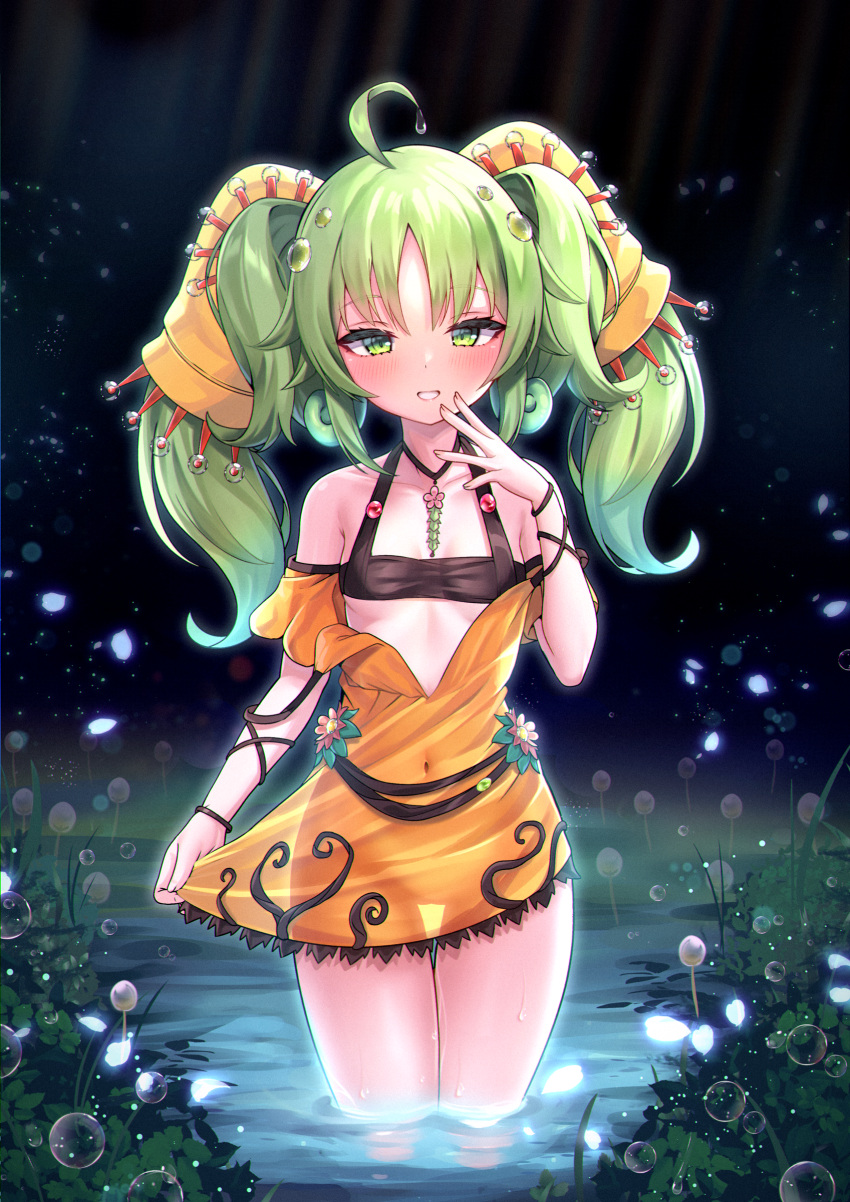 1girl absurdres ahoge blush breasts covered_navel dress dress_tug duel_monster gomrang green_eyes green_hair highres plant see-through_dress small_breasts traptrix_sera twintails wading water yu-gi-oh!