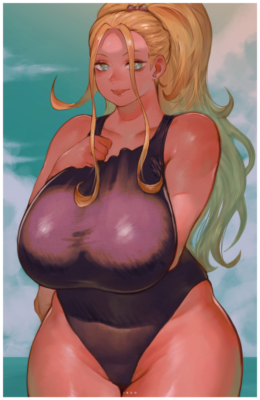 1girl absurdres aqua_eyes arm_under_breasts artist_name blonde_hair breasts clouds collarbone earrings forehead galko's_sister groin hair_bobbles hair_ornament high_ponytail highleg highleg_swimsuit highres huge_breasts ibuo_(ibukht1015) jewelry long_hair mature_female ocean one-piece_swimsuit oshiete!_galko-chan sidelocks sky solo standing stud_earrings swimsuit thighs tongue tongue_out wide_hips