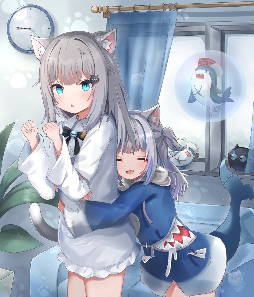 1girl :d absurdres air_bubble animal_ear_fluff animal_ears bangs black_bow black_bowtie bloop_(gawr_gura) blue_eyes blue_hair blue_hoodie bow bowtie bubble cat_ears cat_tail clock closed_eyes collared_dress couch curtains dress fish_tail gawr_gura highres hololive hololive_english hood hoodie hug hug_from_behind long_sleeves multicolored_hair nacho_(amashiro_natsuki) nekopurin_(nyanko_prin) one_side_up original parted_lips shark_tail silver_hair smile solo streaked_hair tail virtual_youtuber wall_clock white_dress