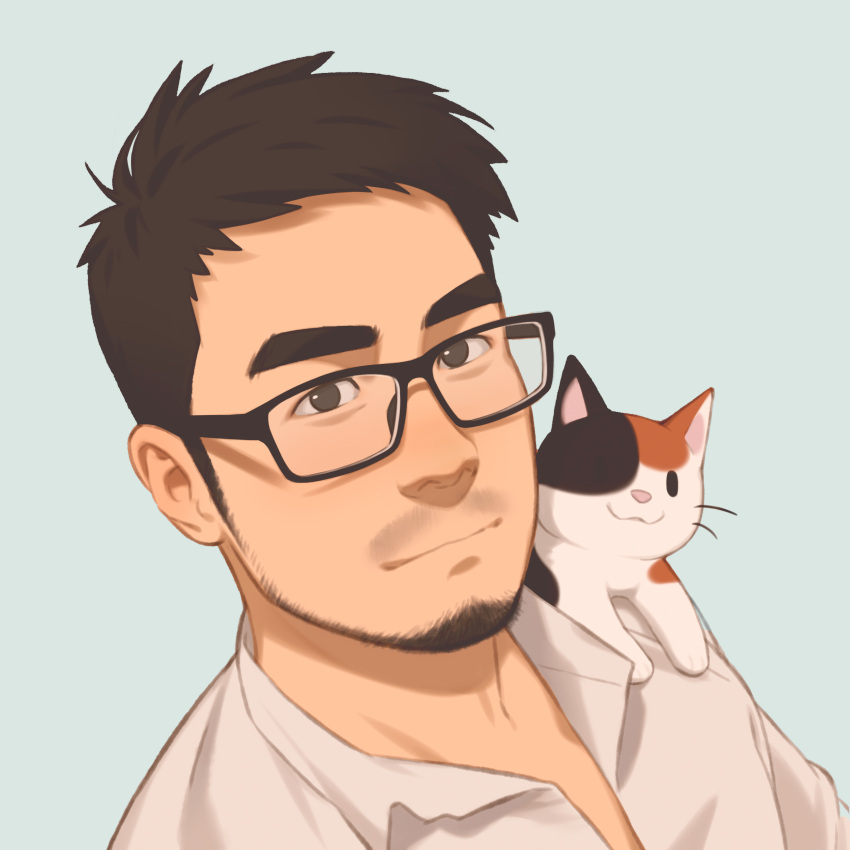 1boy absurdres black_eyes black_hair cat close-up facial_hair glasses highres koji_(wildlhz) long_sideburns looking_at_viewer male_focus mature_male open_clothes open_shirt original shirt sideburns solo stubble thick_eyebrows