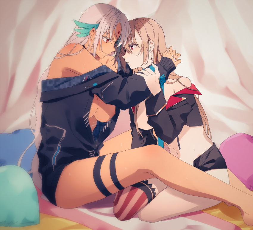 2girls amazuki_jou arms_around_neck azur_lane bangs bed_sheet black_jacket black_shorts breasts closed_mouth commentary cropped_jacket dark-skinned_female dark_skin earrings feather_hair_ornament feathers grey_hair hair_ornament half-closed_eyes highres jacket jean_bart_(azur_lane) jewelry light_brown_hair long_hair long_sleeves looking_at_another massachusetts_(azur_lane) medium_breasts micro_shorts multiple_girls navel no_bra off_shoulder open_clothes open_fly open_jacket pillow red_eyes red_legwear shorts single_thighhigh sitting thigh-highs yuri