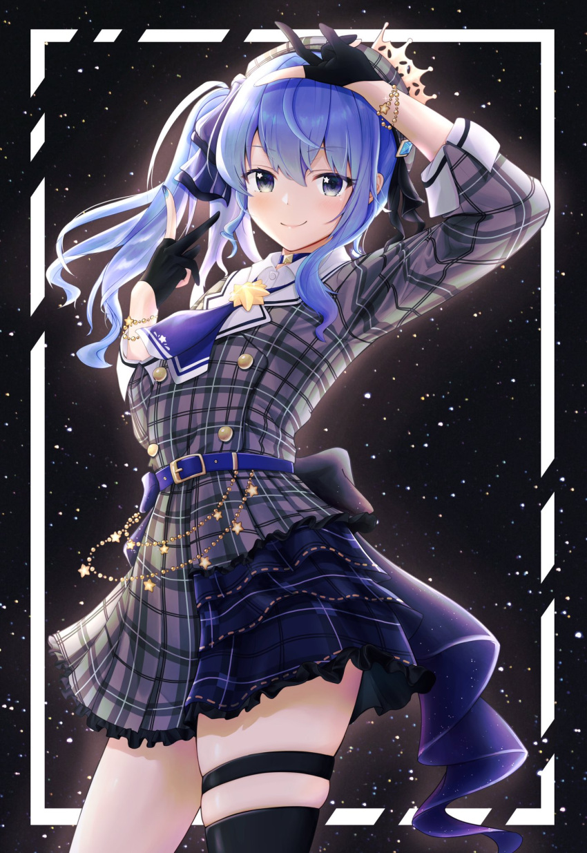 1girl amakumo517 arm_up ascot bangs belt beret black_gloves black_legwear blue_belt blue_choker blue_eyes blue_hair blue_nails choker closed_mouth cowboy_shot crown double_v dress eyebrows_visible_through_hair frills gloves hand_up hat highres hololive hoshimachi_suisei looking_at_viewer mini_crown partially_fingerless_gloves plaid plaid_dress plaid_headwear side_ponytail sidelocks single_thighhigh sky smile solo star_(sky) star_(symbol) star_bracelet star_in_eye starry_background starry_sky symbol_in_eye thigh-highs thigh_strap v virtual_youtuber