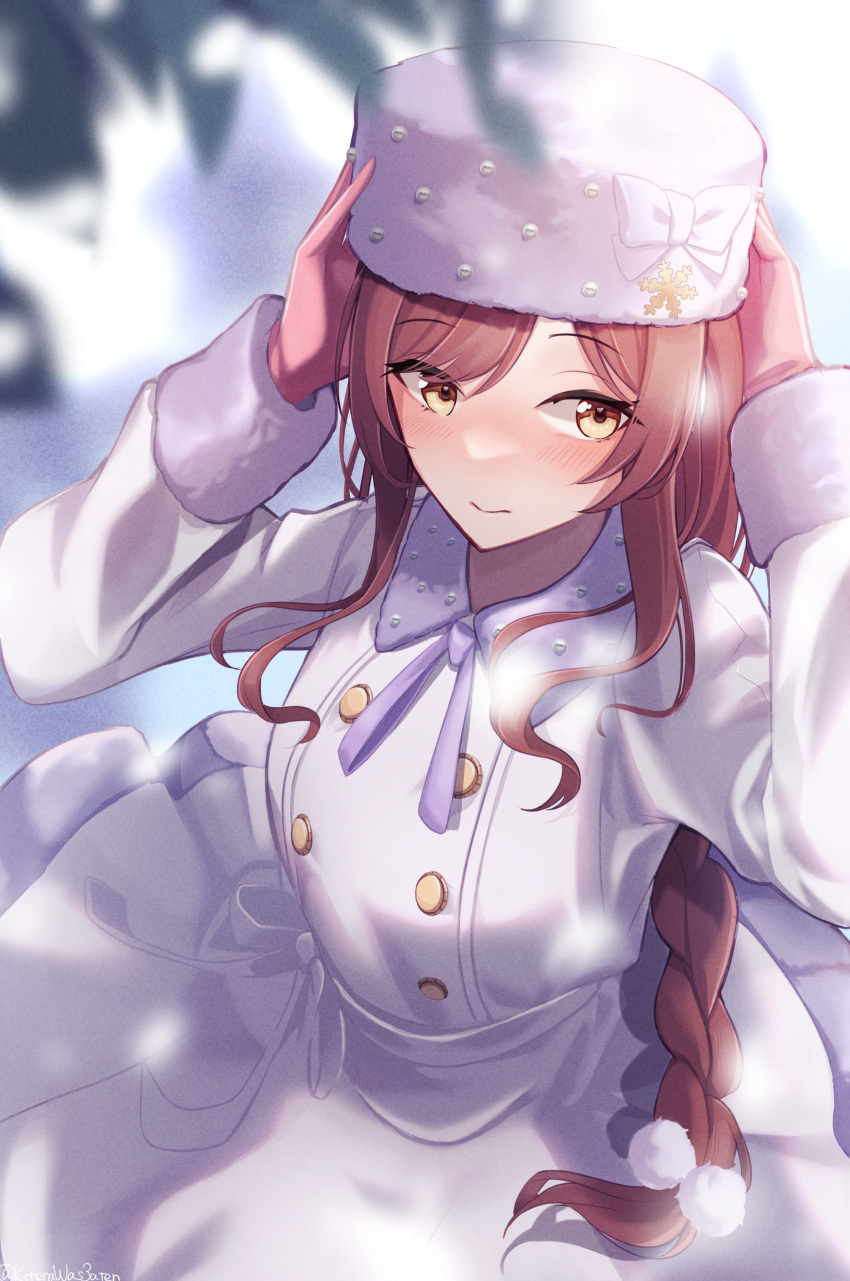 1girl absurdres blurry blurry_foreground blush bow braid brown_hair coat fur-trimmed_coat fur-trimmed_sleeves fur_hat fur_trim gloves hair_ornament hat hat_bow highres idolmaster idolmaster_shiny_colors long_hair long_sleeves looking_to_the_side neck_ribbon odecono3 oosaki_amana pink_gloves purple_ribbon ribbon single_braid snowflake_hair_ornament solo ushanka very_long_hair white_bow white_coat white_headwear winter_clothes winter_coat yellow_eyes