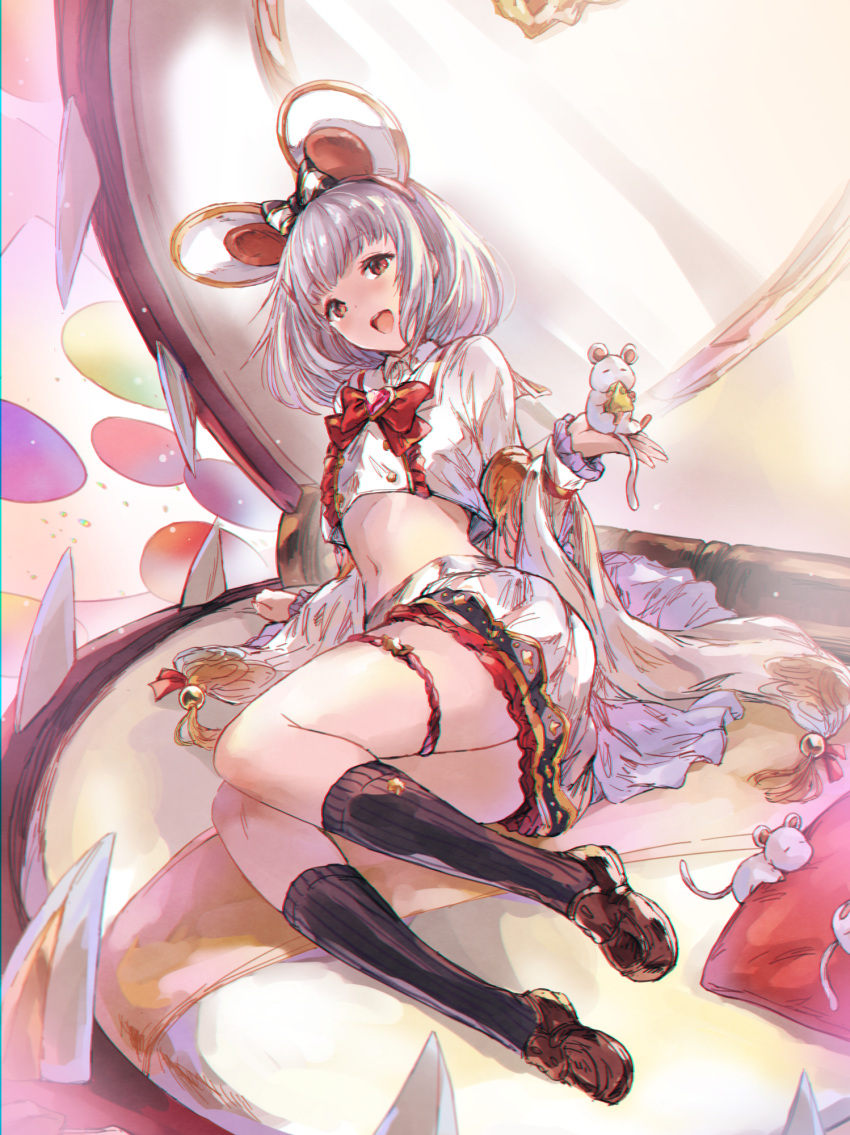 1girl :d animal_ears animal_on_hand bangs black_legwear bow bowtie brown_footwear cheese collared_shirt crop_top fake_animal_ears food full_body granblue_fantasy hairband head_tilt highres kneehighs loafers long_sleeves looking_at_viewer matsukura_nemu midriff miniskirt mouse mouse_ears navel pillow red_bow red_bowtie red_eyes shirt shoes short_hair skirt smile solo thigh-highs thigh_strap vikala_(granblue_fantasy) white_background white_shirt white_skirt wide_sleeves