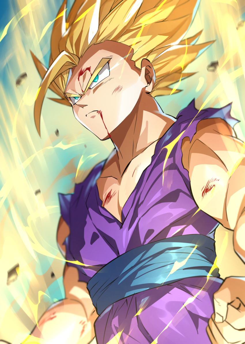 1boy aura blonde_hair blood blood_on_face child clenched_hands closed_mouth collarbone commentary debris dragon_ball dragon_ball_z electricity forehead green_eyes highres male_focus pointy_nose senri_gan serious short_hair sleeveless solo son_gohan spiky_hair toned toned_male torn_clothes upper_body v-shaped_eyebrows