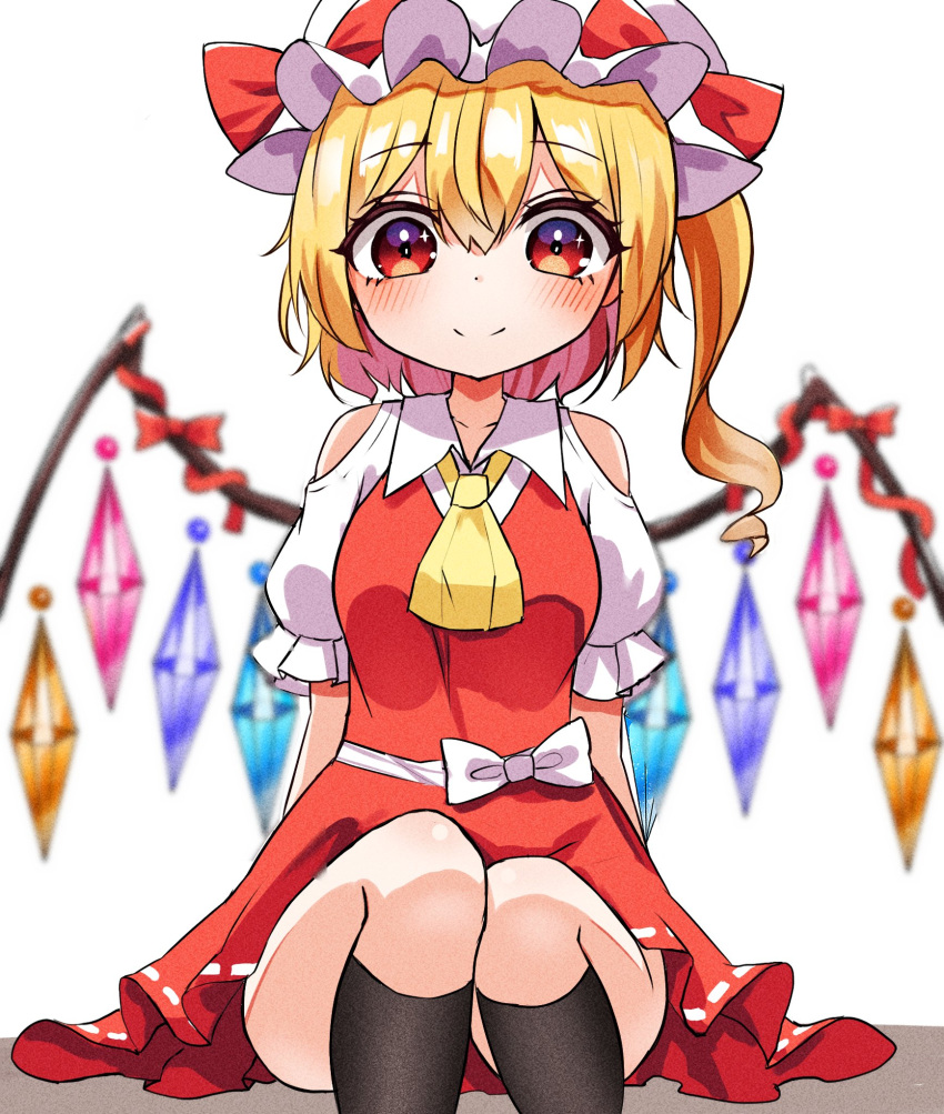 1girl ascot blonde_hair bow crystal flandre_scarlet frilled_shirt frilled_shirt_collar frilled_skirt frilled_sleeves frills hat hat_ribbon highres kiui_(dagk8254) medium_hair mob_cap one_side_up puffy_short_sleeves puffy_sleeves red_bow red_eyes red_ribbon red_skirt red_vest ribbon shirt short_sleeves skirt solo touhou vest white_shirt wings yellow_ascot