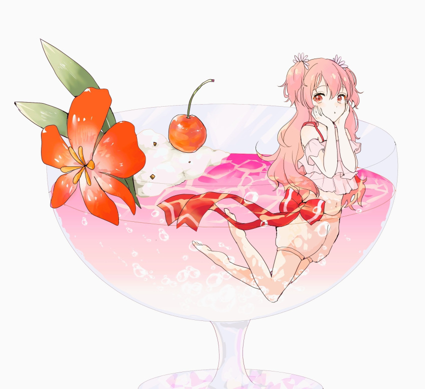 1girl cherry cocktail_flower cocktail_glass cream cup drinking_glass flower flower_on_liquid food fruit hands_on_own_chin highres long_hair midriff momoi_airi more_more_jump!_(project_sekai) nobita_ramen off-shoulder_shirt off_shoulder partially_submerged pink_eyes pink_hair project_sekai puffy_shorts ribbon shirt shorts solo twintails