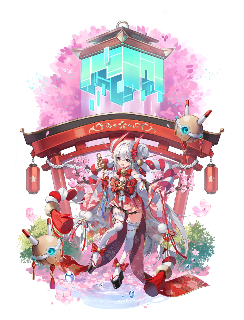 1girl absurdres bell commentary commentary_request highres holding horns japanese_clothes jingle_bell kagura_suzu laevan long_hair looking_at_viewer miko oni oni_horns original red_eyes shrine smile solo torii white_hair wide_sleeves
