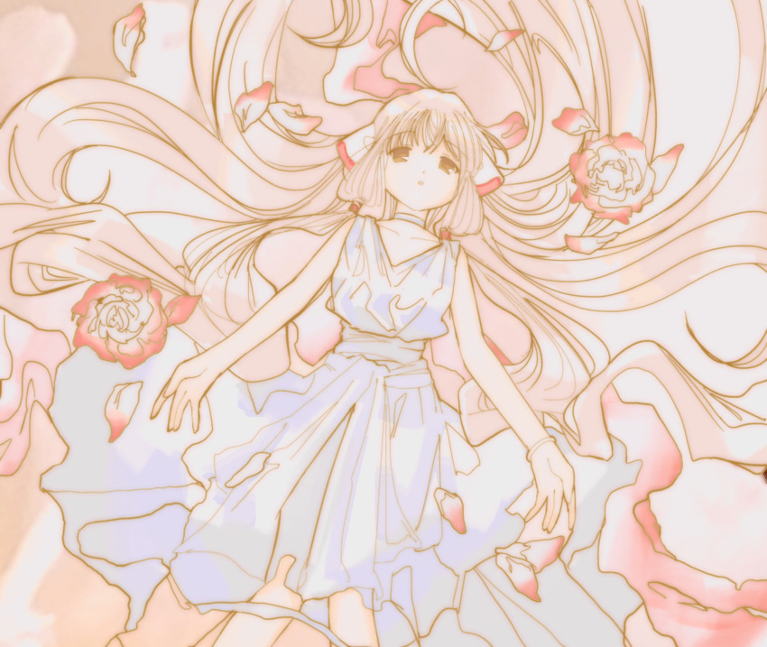 1girl absurdly_long_hair android arms_at_sides bracelet brown_eyes chii chobits choker dress flower highres izmi jewelry light_brown_hair long_hair lying on_back parted_lips pastel_colors petals pink_flower robot_ears sleeveless sleeveless_dress solo very_long_hair white_choker white_dress