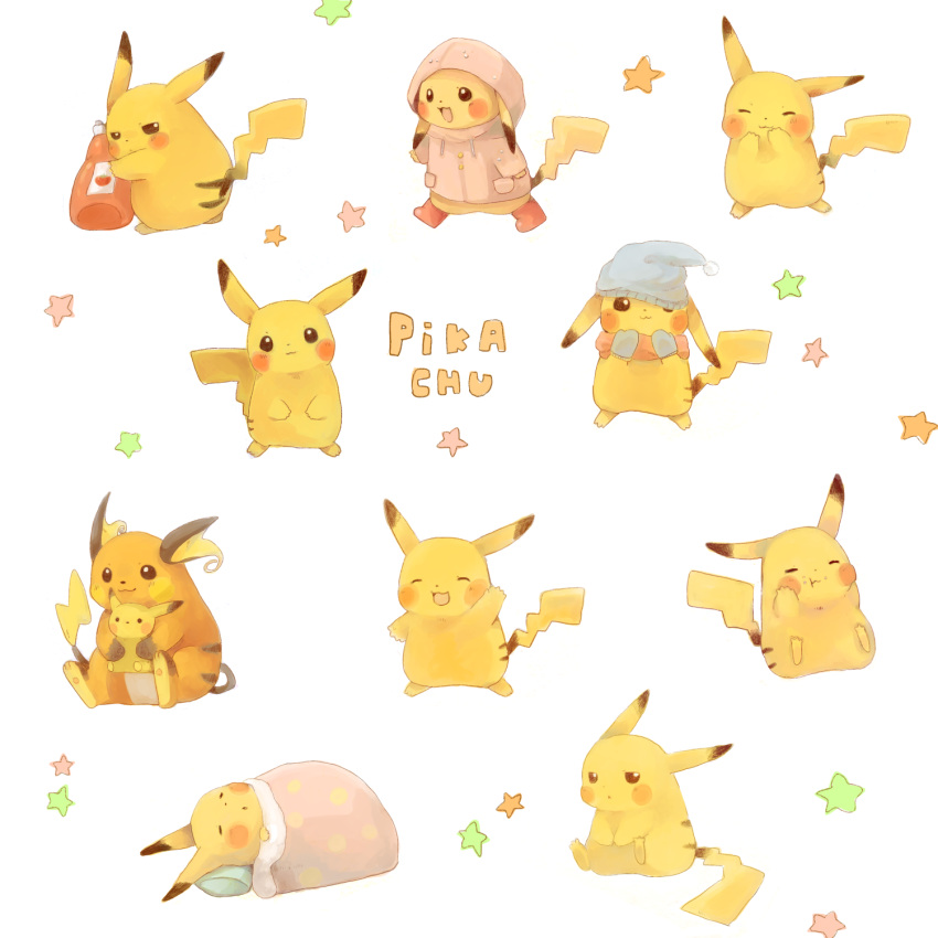 blanket character_name closed_eyes english_text hat highres ketchup_bottle lying mittens multiple_persona no_humans omelette_(chako3) open_mouth pikachu pillow pokemon raichu raincoat scarf simple_background sitting smile star_(symbol) waving white_background