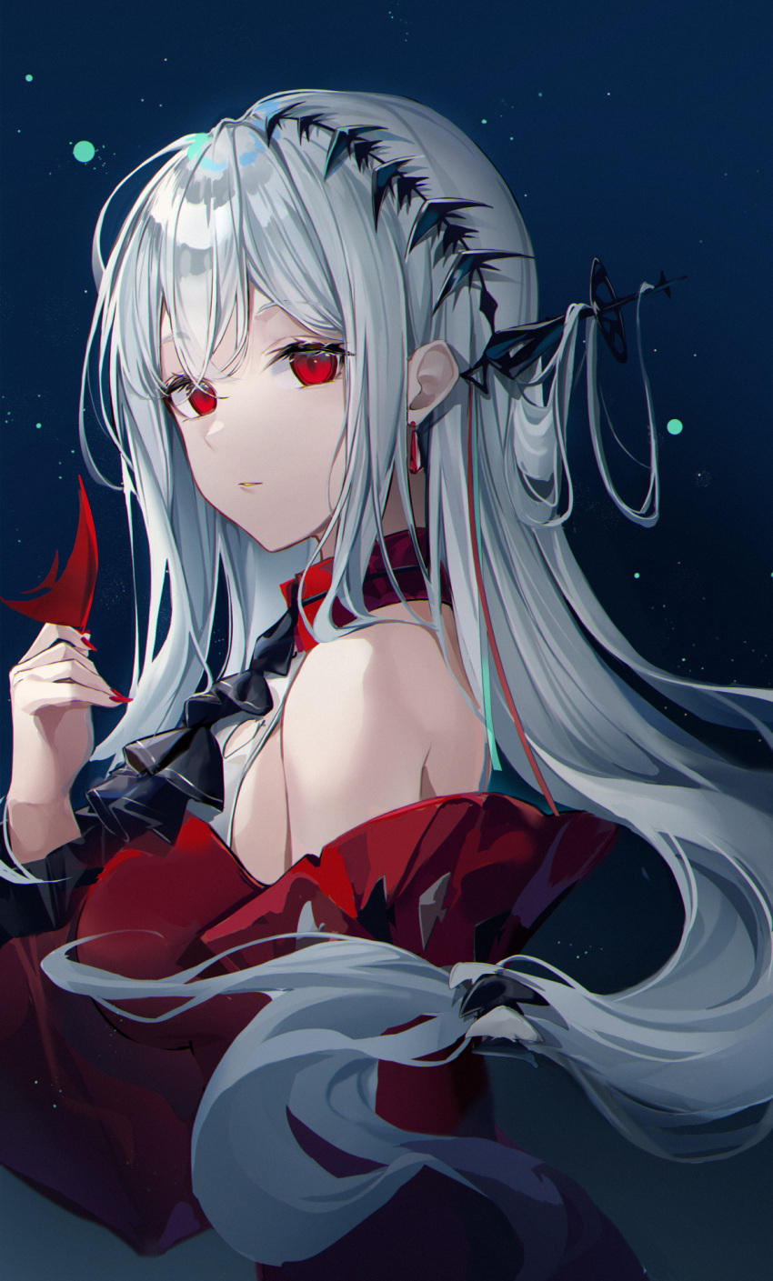 1girl amagu_(n_amagu) arknights ascot bangs bare_shoulders black_ascot blue_background commentary detached_sleeves dress highres long_hair looking_at_viewer low-tied_long_hair nail_polish no_hat no_headwear red_dress red_eyes red_nails silver_hair skadi_(arknights) skadi_the_corrupting_heart_(arknights) solo upper_body very_long_hair