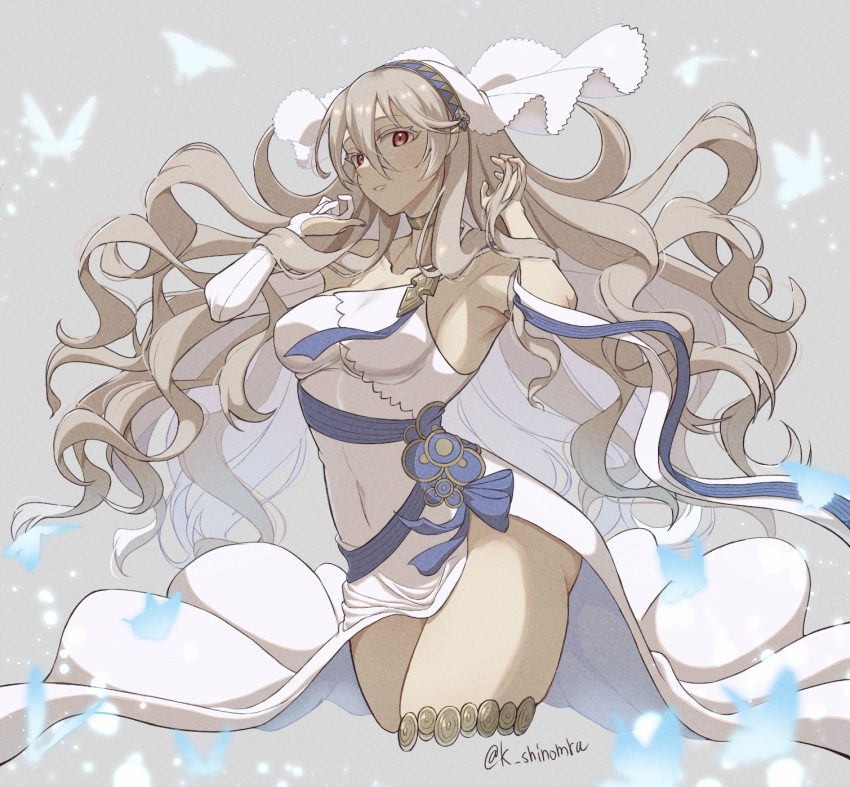 1girl alternate_costume armpits bangs breasts commentary_request corrin_(fire_emblem) corrin_(fire_emblem)_(female) covered_navel dress elbow_gloves fire_emblem fire_emblem_fates fire_emblem_heroes floating_hair gloves grey_hair hair_between_eyes hand_in_own_hair highres karashino long_hair medium_breasts official_alternate_costume pointy_ears red_eyes single_elbow_glove sleeveless sleeveless_dress slit_pupils solo thighs twitter_username veil very_long_hair white_dress white_gloves