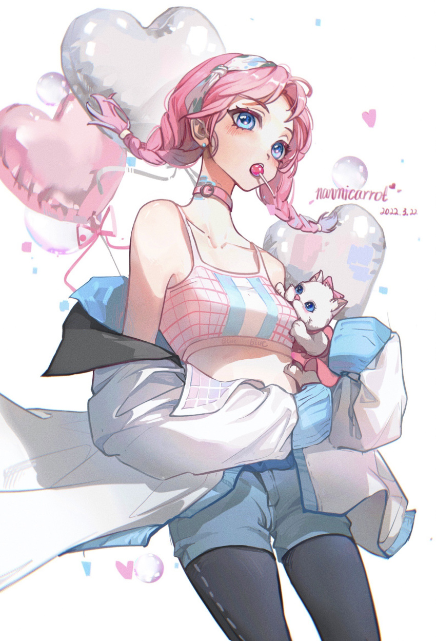 1girl animal arknights balloon bare_shoulders black_pants blue_eyes blue_poison_(arknights) blue_poison_(shoal_beat)_(arknights) blue_shorts breasts candy cat chinese_commentary choker collarbone commentary_request cowboy_shot crop_top earrings eyebrows_visible_through_hair food food_in_mouth hairband heart_balloon highres holding holding_animal holding_cat jacket jewelry leggings legwear_under_shorts lollipop long_hair long_sleeves looking_at_viewer midriff mouth_hold nanmi_carrot off_shoulder pants pink_choker pink_hair short_shorts shorts simple_background small_breasts solo spaghetti_strap sports_bra standing stomach white_background white_jacket