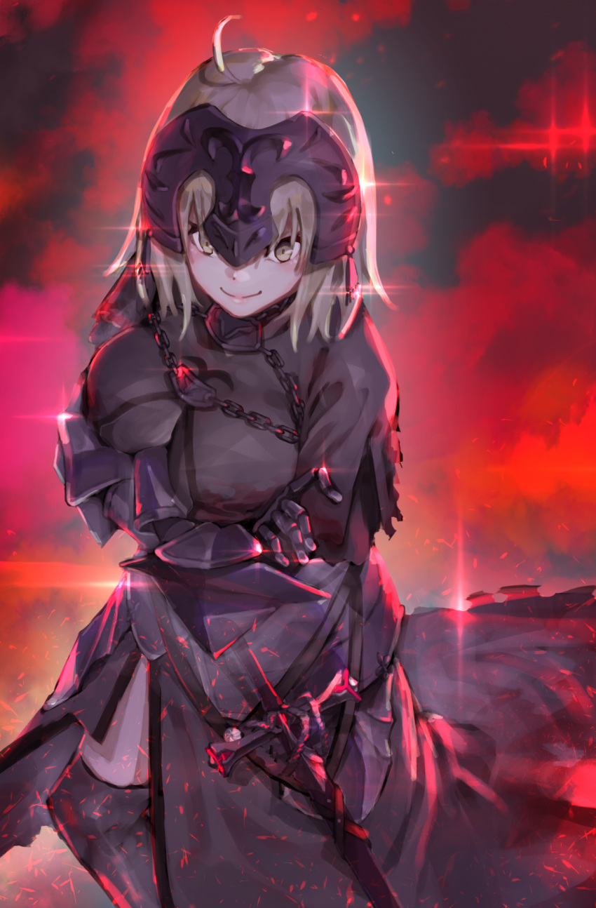 1girl blush breasts crossed_arms fate/grand_order fate_(series) feet_out_of_frame gloves helmet highres jeanne_d'arc_alter_(fate) large_breasts looking_at_viewer magic rolua silver_hair smile solo sword weapon yellow_eyes