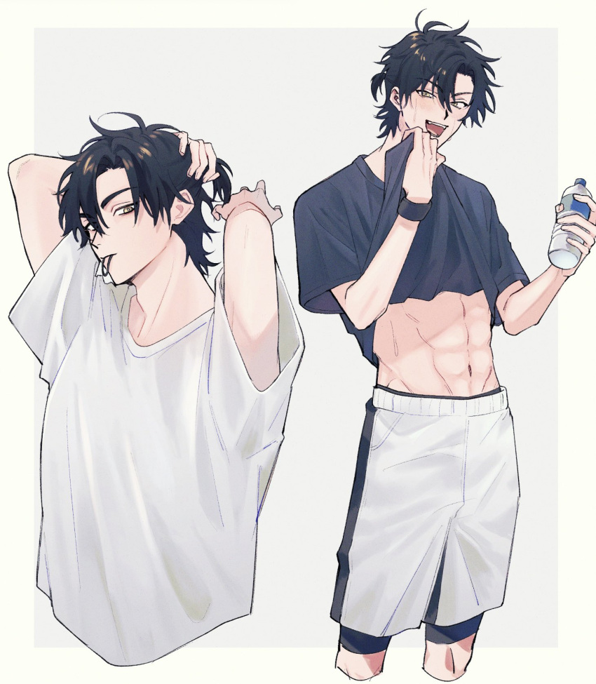 1boy abs arms_up black_hair black_shirt black_wristband border bottle cheng_xiaoshi clothes_lift cropped_legs fangs grey_background hair_tie hair_tie_in_mouth highres holding holding_bottle holding_hair lifted_by_self looking_at_viewer male_focus mouth_hold multiple_views navel open_mouth outside_border ponytail shiguang_dailiren shirt shirt_lift short_hair short_sleeves shorts smile standing sweat teeth toned toned_male tying_hair upper_body upper_teeth water_bottle white_border white_shirt white_shorts wiping_face wiping_sweat wristband yellow_eyes zariganihouse