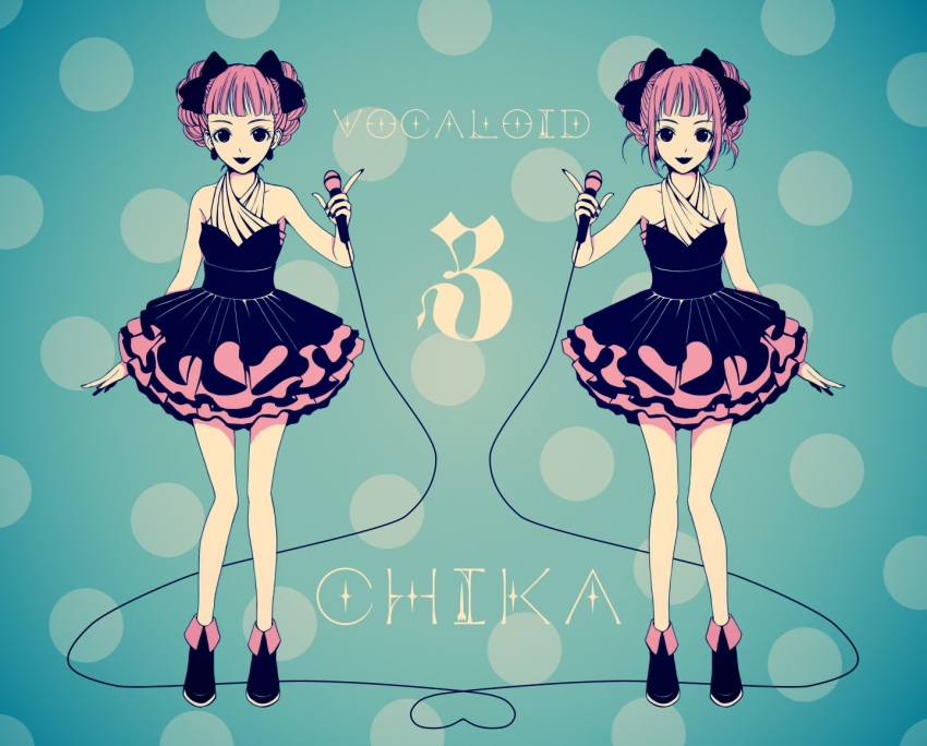 1girl ankle_boots aqua_background bangs bare_arms black_bow black_dress blunt_bangs boots bow character_name chika_(vocaloid) closed_mouth commentary_request copyright_name double_bun dress earrings fingernails frilled_dress frills full_body hair_bow hair_ribbon holding holding_microphone jewelry kiyozumi limited_palette lipstick looking_at_viewer makeup microphone pink_hair polka_dot polka_dot_background ribbon sleeveless sleeveless_dress standing symmetry vocaloid