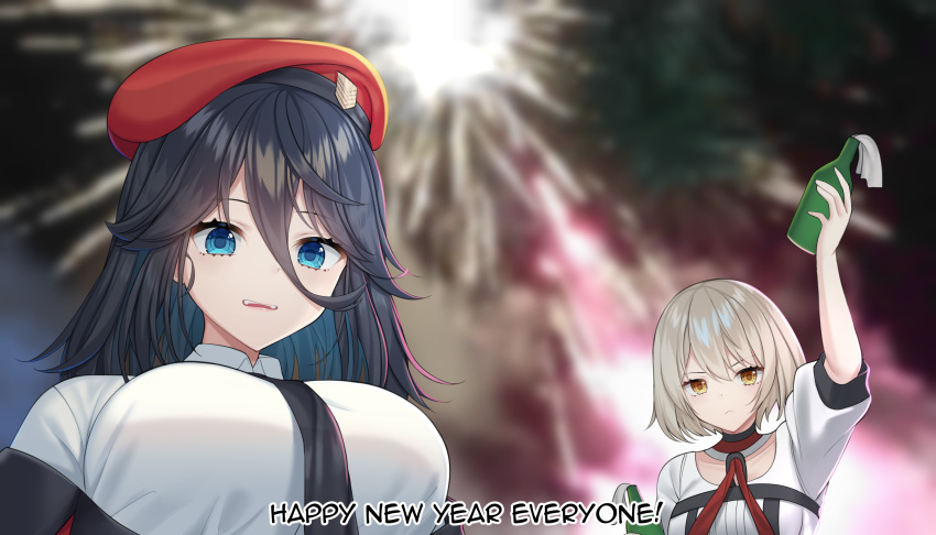 2girls bangs beret black_hair black_necktie blue_eyes blurry blurry_background breasts closed_mouth commander_(girls'_frontline) english_commentary english_text expressionless female_commander_(girls'_frontline) fireworks girls_frontline hair_between_eyes hat highres holding holding_weapon large_breasts long_hair looking_at_viewer molotov_cocktail multiple_girls necktie open_mouth orange_eyes red_headwear rynzfrancis shirt short_hair silver_hair smile teeth upper_body upper_teeth vector_(girls'_frontline) weapon white_shirt