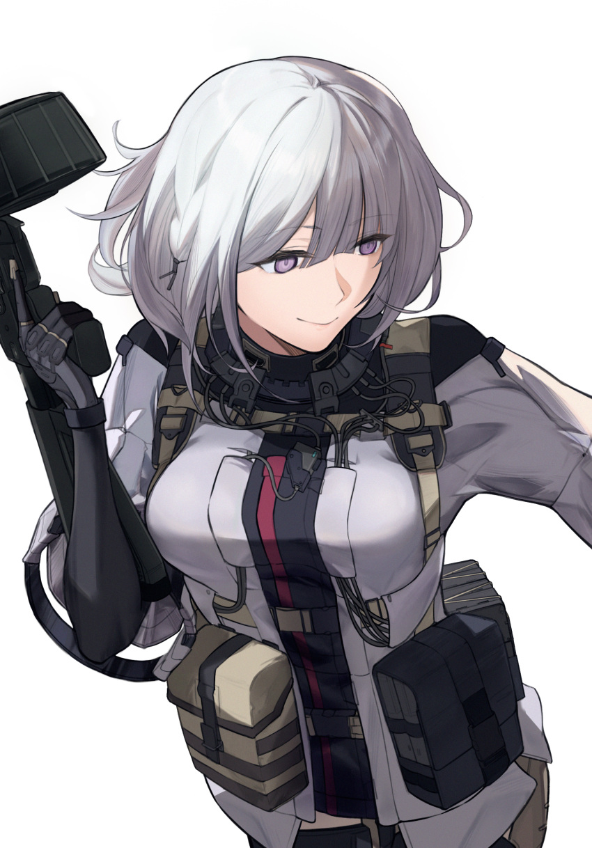 1girl absurdres bangs black_bodysuit bodysuit breasts closed_mouth eyebrows_visible_through_hair girls_frontline gun hair_ornament hairclip highres holding holding_gun holding_weapon la13 large_breasts light_machine_gun lips revision rpk-16 rpk-16_(girls'_frontline) short_hair short_sleeves silver_hair simple_background smile solo tactical_clothes upper_body violet_eyes weapon white_background