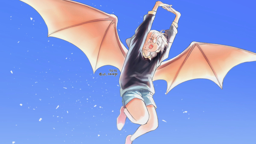 1boy arms_up artist_name barefoot black_sweater blue_background blue_shorts closed_eyes collared_shirt dong_dong_(the_legend_of_luoxiaohei) highres o0_savage open_mouth shirt shorts solo stretch sweater the_legend_of_luo_xiaohei white_shirt wings