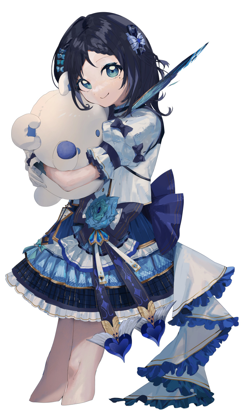 1girl absurdres aiba_uiha black_hair blue_bow blue_eyes blue_skirt bow commentary frilled_skirt frills hair_bow hair_ornament highres holding holding_stuffed_toy long_hair looking_at_viewer nijisanji njosau object_hug simple_background skirt smile solo stuffed_animal stuffed_toy virtual_youtuber white_background