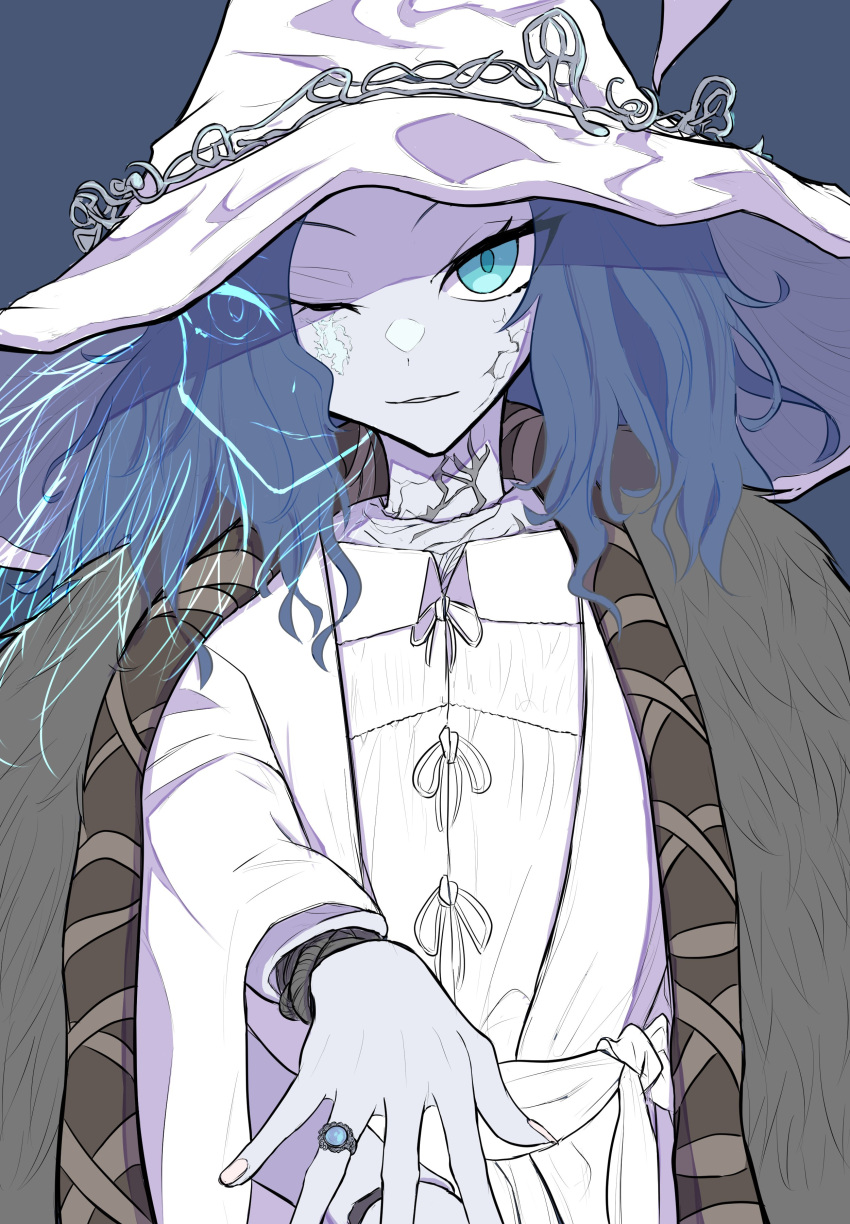 1girl absurdres ahogemgmg blue_eyes blue_hair cracked_skin dress elden_ring extra_arms extra_faces flat_chest fur_cloak hat highres jewelry joints looking_at_viewer one_eye_closed parted_lips ranni_the_witch reaching_out ring smile solo wedding_ring white_dress white_headwear witch_hat