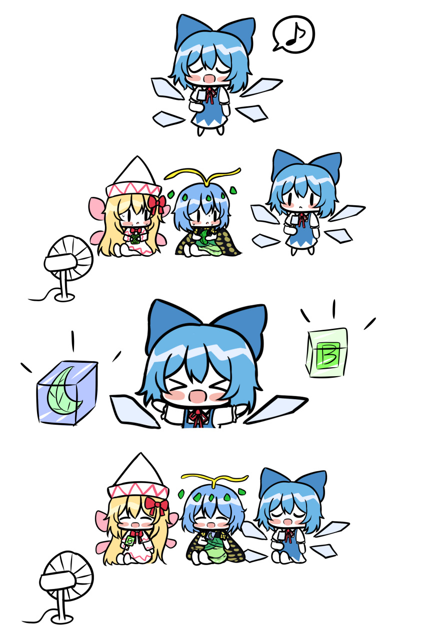 &gt;_&lt; 3girls absurdres antennae aqua_hair barefoot blonde_hair blue_bow blue_dress blue_hair blush_stickers bomb_item_(touhou) bow butterfly_wings capelet chaleu cirno closed_eyes closed_mouth collared_shirt detached_wings dress eighth_note electric_fan eternity_larva eyebrows_visible_through_hair fairy fairy_wings food green_dress hair_bow hat highres holding holding_food holding_leaf ice ice_cube ice_wings korean_commentary leaf leaf_on_head lily_white long_hair long_sleeves multicolored_clothes multicolored_dress multiple_girls musical_note open_mouth popsicle puffy_short_sleeves puffy_sleeves shirt short_hair short_sleeves simple_background sketch smile spoken_musical_note touhou white_background white_capelet white_headwear white_shirt wings