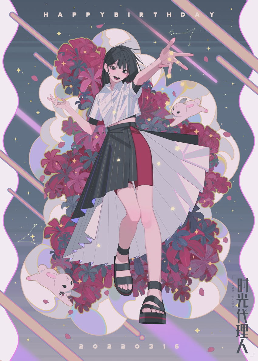 1girl animal arm_up bangs black_eyes black_footwear black_hair black_skirt breast_pocket chinese_commentary clouds collared_shirt constellation copyright_name dated flower full_body grey_eyes happy_birthday highres inplick layered_skirt long_hair looking_at_viewer midriff official_art open_mouth petals pink_flower pocket qiao_ling rabbit red_shorts sandals shiguang_dailiren shirt short_sleeves shorts shorts_under_skirt side_slit skirt smile solo standing standing_on_one_leg star_(sky) star_(symbol) teeth upper_teeth white_shirt white_skirt