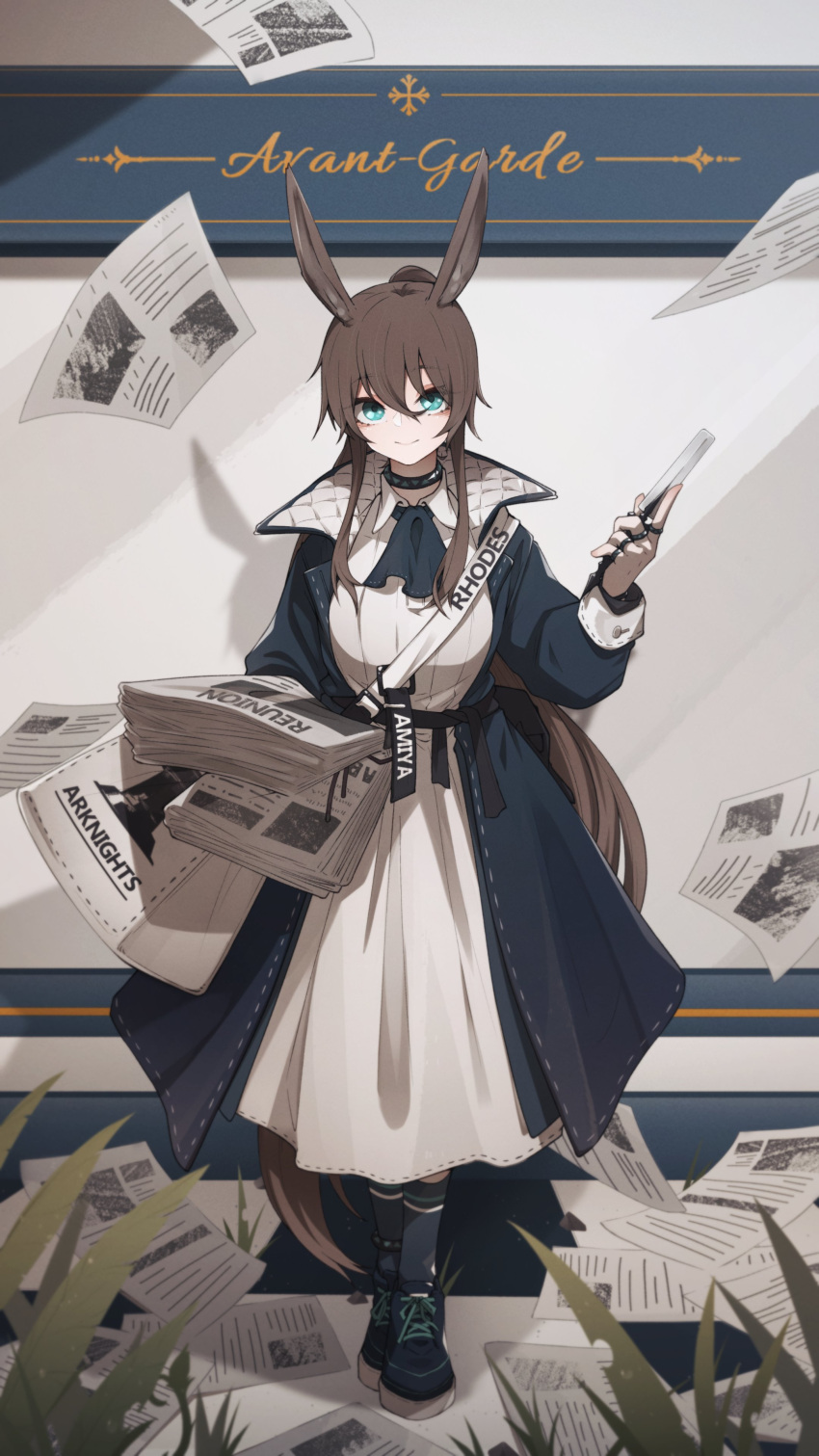 1girl absurdres amiya_(arknights) amiya_(newsgirl)_(arknights) animal_ears anklet aqua_eyes arknights ascot bag bangs black_ascot black_coat black_footwear black_legwear breasts brown_hair carrying_bag choker closed_mouth coat collar commentary dress eyebrows_visible_through_hair flying_paper full_body hair_between_eyes highres holding holding_newspaper if_f infection_monitor_(arknights) jewelry long_dress long_hair looking_at_viewer medium_breasts multiple_rings newspaper official_alternate_costume open_clothes open_coat paper ponytail rabbit_ears ring shoes shoulder_bag sidelocks smile sneakers socks solo standing symbol-only_commentary very_long_hair white_bag white_dress