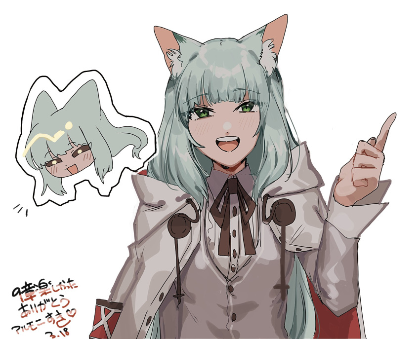 1girl :d =_= animal_ear_fluff animal_ears arknights black_ribbon cape cat_ears chibi chibi_inset collared_shirt eyebrows_visible_through_hair green_eyes green_hair grey_shirt hand_up harmonie_(arknights) highres hood hooded_cape index_finger_raised kawaii_inu5 light_blush long_hair neck_ribbon open_mouth ribbon shirt simple_background smile solo teeth upper_body upper_teeth white_background white_cape white_shirt