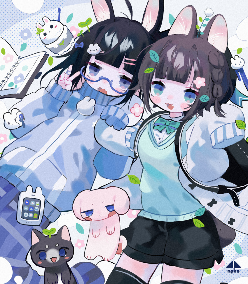 2girls absurdres animal_ears backpack bag bangs black_bag black_cat black_hair black_legwear black_shorts blue_background blue_eyes blue_jacket blue_pants blunt_bangs blush bow bowtie brown_hair bunny_hair_ornament cat cellphone coat commentary_request cotono_(nazekun) cowboy_shot dog dog_ears feet_out_of_frame glasses green_bow green_bowtie green_eyes green_vest hair_ornament hairclip highres jacket leaf_hair_ornament looking_at_viewer multiple_girls notebook open_clothes open_coat open_mouth original pants patterned_background phone plaid plaid_pants rabbit_ears shirt short_hair shorts single_bang sleeves_past_fingers sleeves_past_wrists thigh-highs vest white_coat white_shirt