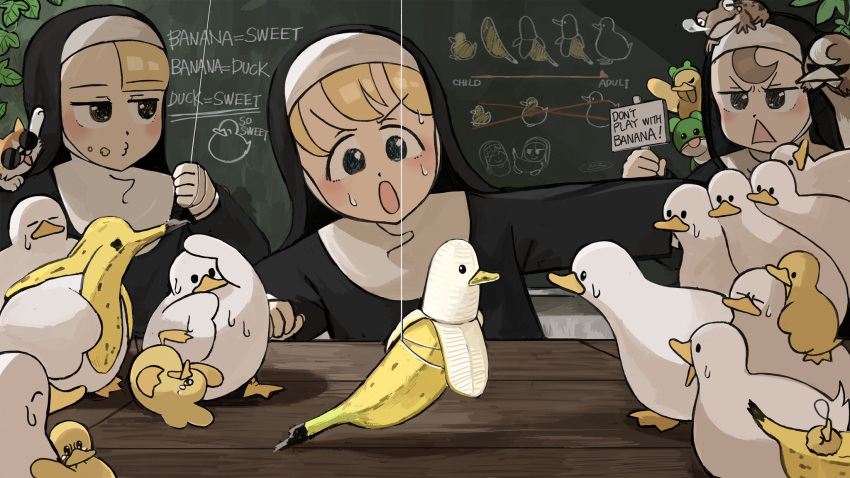 3girls :o animal_on_head animal_on_shoulder banana banana_peel bird blonde_hair brown_hair cat catholic chalkboard chicken commentary curious diva_(hyxpk) doll drawing duck duckling english_commentary english_text food food_on_face frog frog_headband fruit habit half-bang_nun_(diva) hanging_plant highres holding holding_sign hook-bang_nun_(diva) kitten little_nuns_(diva) multiple_girls nose_bubble nun o3o on_head ostrich protagonist_nun_(diva) pulling scared shadow sign string sunglasses sweat sweatdrop sweating_profusely tears triangle_mouth whistling