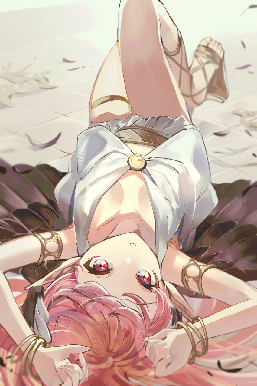 1girl absurdres armlet bracelet breasts circe_(fate) fate/grand_order fate_(series) feathers highres jewelry kansya long_hair lying on_back pink_eyes pink_hair pointy_ears small_breasts wings