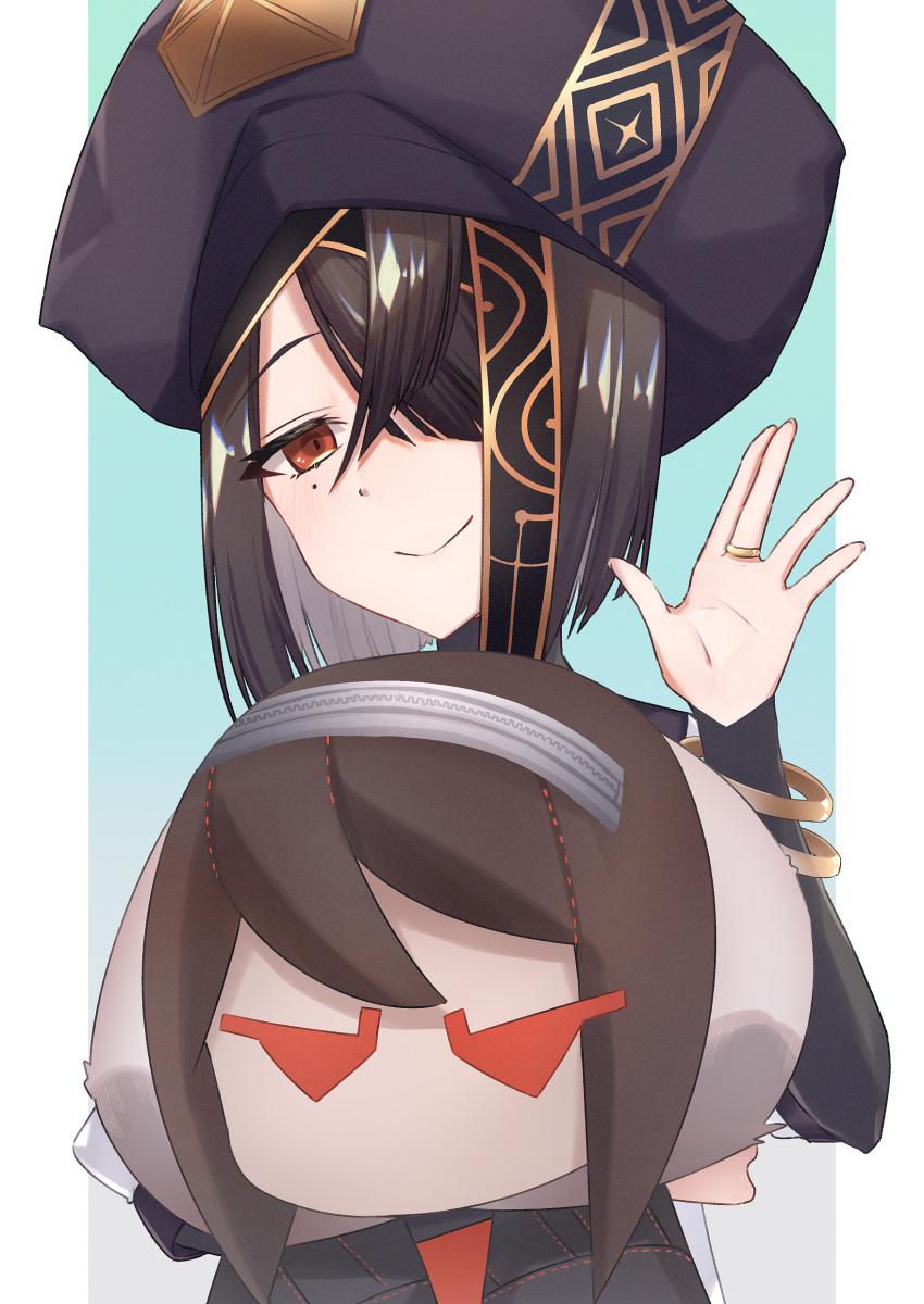 1girl absurdres black_hair black_headwear bracelet breasts bridal_gauntlets brown_eyes chinese_clothes doll fate/grand_order fate_(series) hair_over_one_eye hat highres holding holding_doll jewelry long_sleeves looking_at_viewer mole mole_under_eye short_hair small_breasts smile space_xu_fu_(fate) white_robe xu_fu_(fate) yu_mei-ren_(fate) yu_sakae