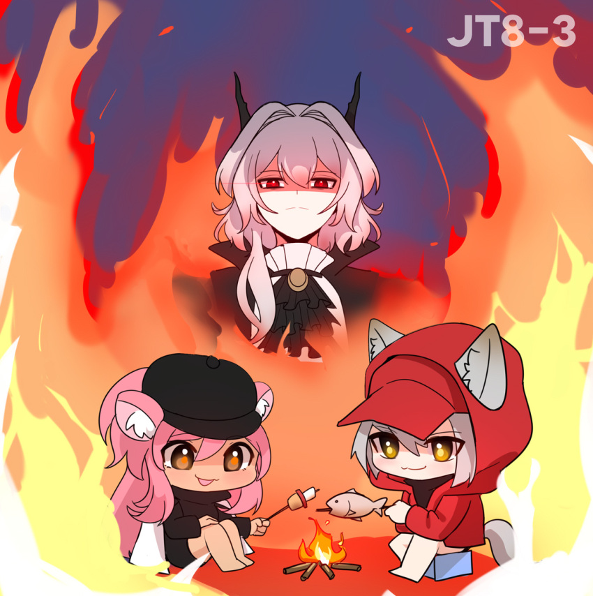 3girls :3 :d animal_ears arknights ascot black_ascot black_dress black_headwear black_shirt campfire chibi commentary dark-skinned_female dark_skin dragon_horns dress ears_through_headwear english_commentary eyebrows_visible_through_hair fire fish food frown gameplay_mechanics gravel_(arknights) gravel_(modeling_night)_(arknights) grey_hair hair_between_eyes hair_intakes hat highres holding holding_stick hood hood_up hooded_jacket horns jacket long_hair long_sleeves looking_at_viewer marshmallow mouse_ears multiple_girls official_alternate_costume open_clothes open_jacket open_mouth orange_eyes pink_hair projekt_red_(arknights) projekt_red_(light_breeze)_(arknights) red_eyes red_jacket roasting shirt sitting skewer smile split_mouth stick supershrimpcakes tail talulah_(arknights) two-tone_dress white_dress wolf_ears wolf_girl wolf_tail yellow_eyes