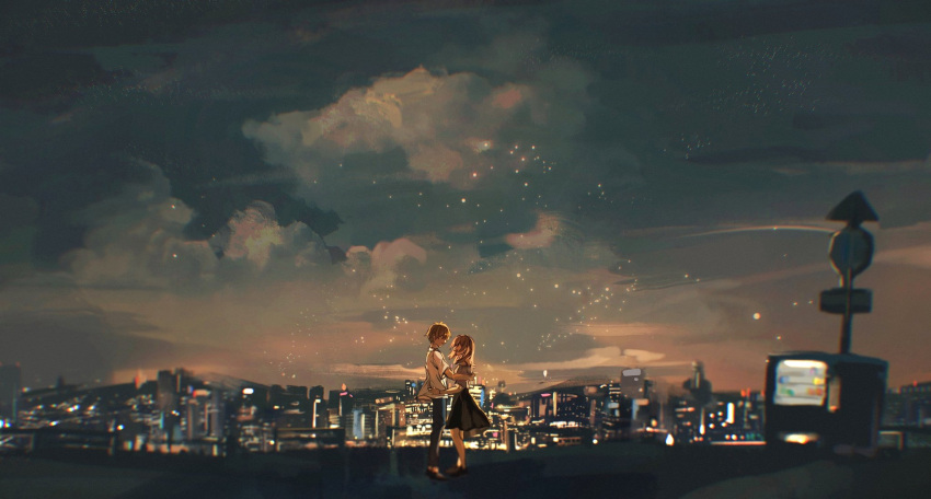 1boy 1girl black_dress blue_pants brown_eyes brown_hair city city_lights clouds cloudy_sky dress full_body highres looking_at_another luke_pearce_(tears_of_themis) night night_sky outdoors pants rosa_(tears_of_themis) shirt short_hair short_sleeves sky standing star_(sky) starry_sky tears_of_themis vending_machine white_shirt xiachuantong233
