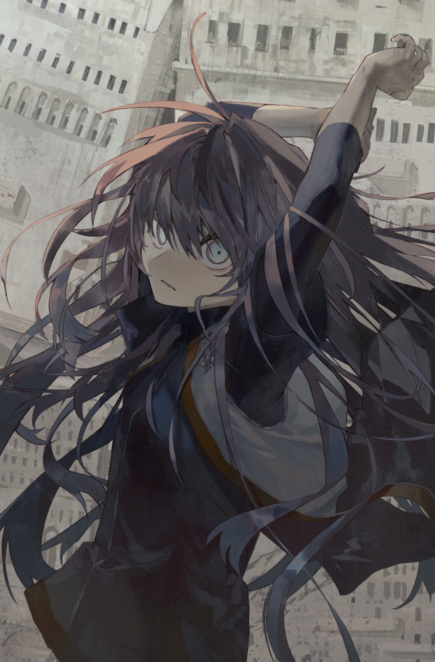 1girl arms_up bangs black_jacket black_shirt blue_eyes brown_hair commentary_request highres jacket long_hair long_sleeves looking_at_viewer njosau open_clothes open_jacket original ruins shirt short_sleeves solo stretch wind zipper