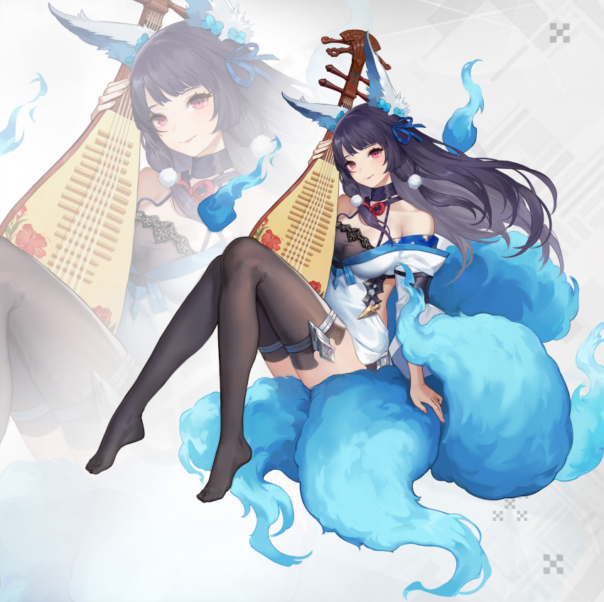 1girl absurdres animal_ears bangs black_hair black_legwear blue_fire blue_flower blue_ribbon blue_tail breasts chinese_commentary closed_mouth commentary_request fire flower fox_ears fox_girl fox_tail full_body hair_flower hair_ornament hair_ribbon highres hitodama holding holding_instrument instrument japanese_clothes kimono large_breasts long_hair long_sleeves looking_away masterwork_apocalypse messikid multiple_tails no_shoes off-shoulder_kimono official_art pipa_(instrument) red_eyes ribbon sidelocks smile solo swept_bangs tail thigh-highs white_kimono wide_sleeves yingning_(masterwork_apocalypse) zoom_layer