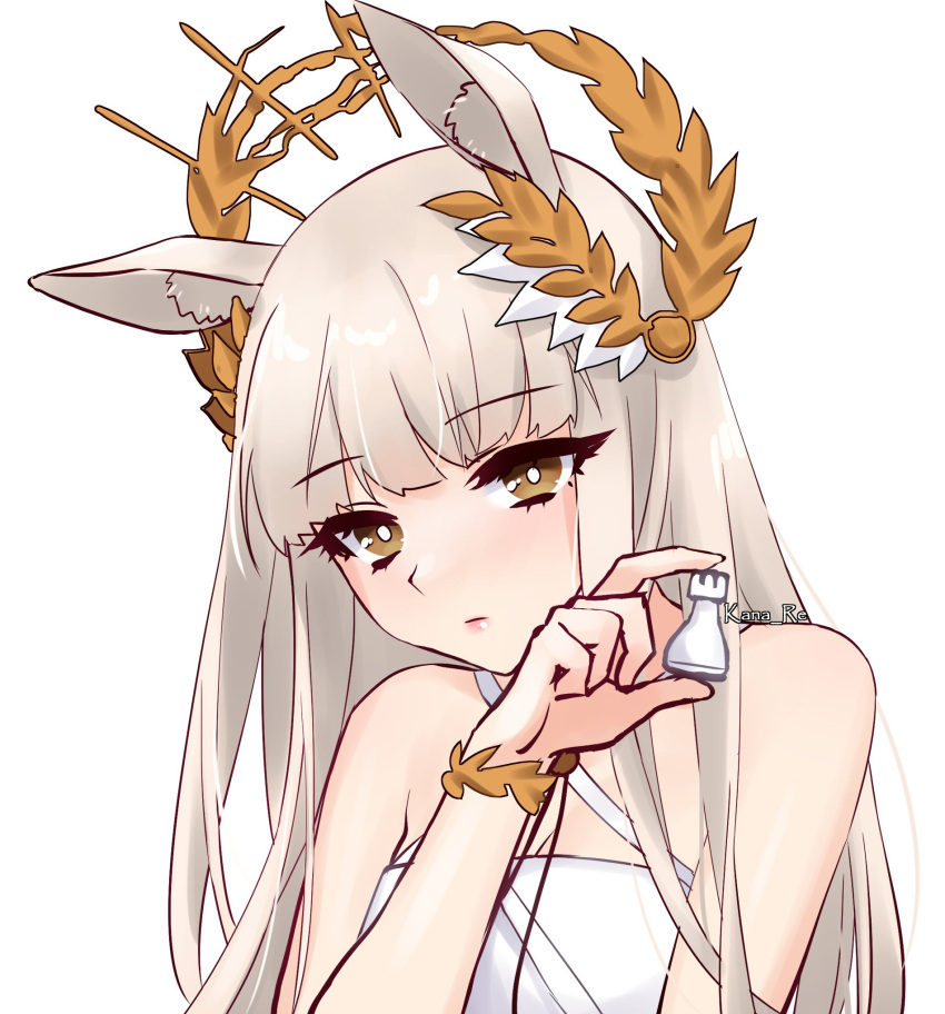 1girl animal_ear_fluff animal_ears arknights bangs bare_shoulders bikini brown_eyes commentary criss-cross_halter english_commentary eyebrows_visible_through_hair halterneck highres horse_ears kana_re laurel_crown long_hair looking_at_viewer platinum_(arknights) platinum_(shimmering_dew)_(arknights) silver_hair simple_background solo swimsuit upper_body white_background white_bikini