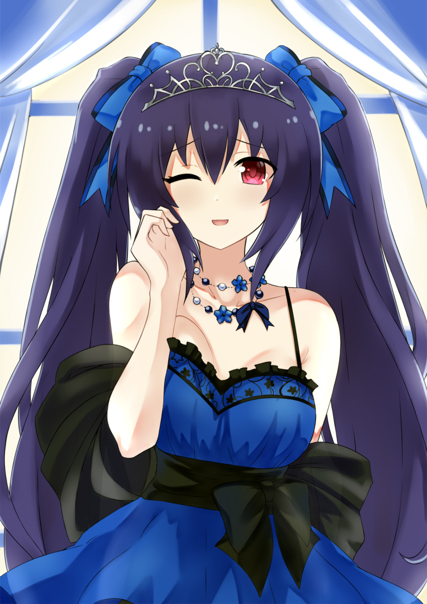 1girl alternate_costume bare_shoulders black_hair blue_dress blue_ribbon breasts collarbone dress english_commentary hair_between_eyes hair_ornament hair_ribbon highres indoors long_hair looking_at_viewer neptune_(series) noire_(neptune_series) one_eye_closed open_mouth red_eyes ribbon smile solo tiara twintails window zatsu